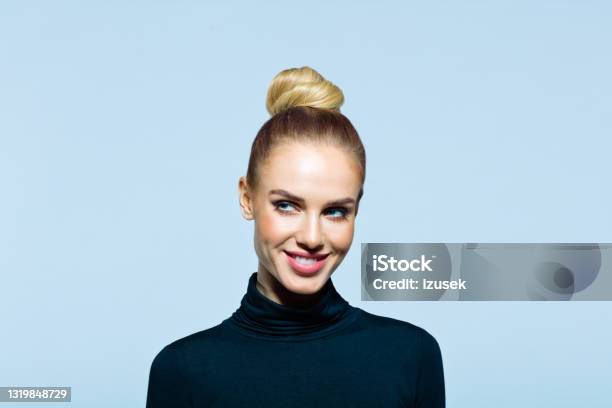 Headshot Of Cheerful Elegant Woman Stock Photo - Download Image Now - Hair Bun, Blond Hair, Women