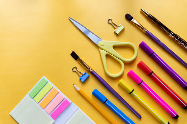 istock Stationery items. Colourful items for study and work in office on bright background. Return to school and to work after quarantine. Flatlay with copy space. Top view. schooling after the pandemic. 1319849044