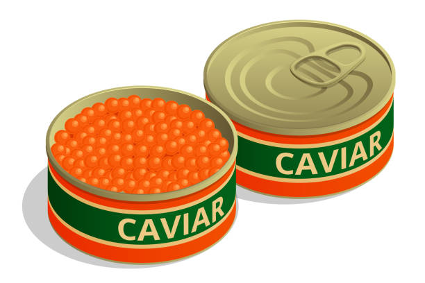 ilustraciones, imágenes clip art, dibujos animados e iconos de stock de caviar rojo salmón isométrico. lata de hierro con caviar de salmón rojo. mariscos crudos. comida de delicadeza de lujo. caviar en lata de metal abierto - caviar