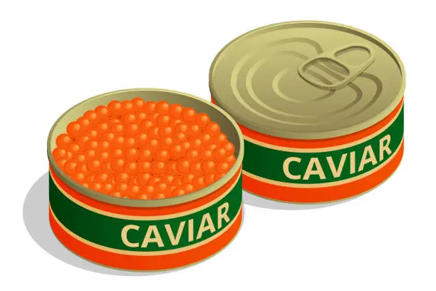 Vector illustration of Isometric Salmon Red Caviar. Iron Can with Red Salmon Caviar. Raw seafood. Luxury delicacy food. Caviar in open metal tin