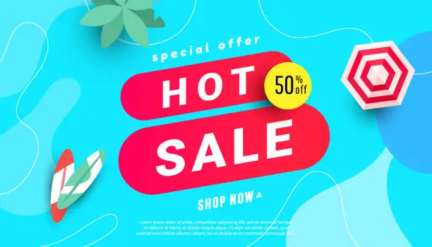 Vector illustration of Hot summer sale banner template on bright background with copy space. Vector illustration for banner, flyer, poster or website design.