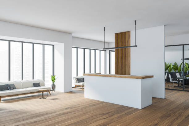 istock Bright minimalist office room interior with reception desk 1319851587