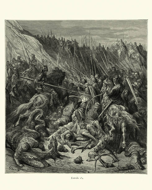 Medieval battle, Knights on horseback attacking infantry, Warfare in Middle Ages Vintage illustration of scene from Orlando Furioso illustrated by Gustave Dore. Medieval battle, Knights on horseback attacking infantry infantry stock illustrations