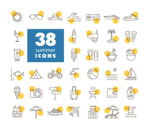 ilustrações de stock, clip art, desenhos animados e ícones de summer vector flat icons set. summertime sign - suntan lotion symbol ice umbrella