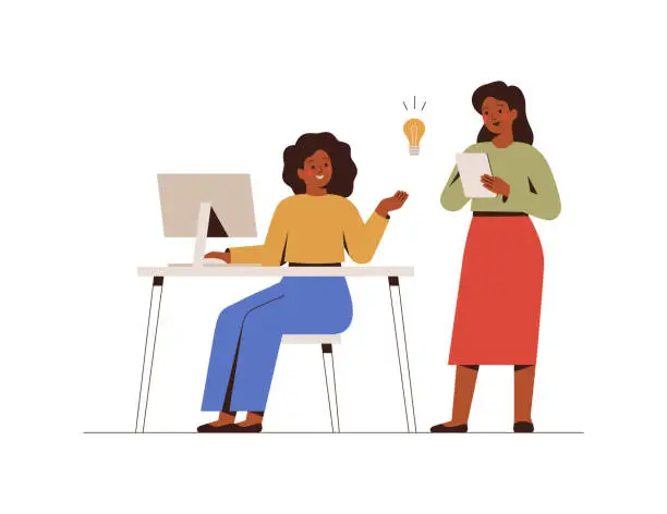 Vector illustration of Businesswomen work together on a project in the office. Colleagues share their ideas with each other. Female entrepreneurs during brainstorming. Effective and productive teamwork.