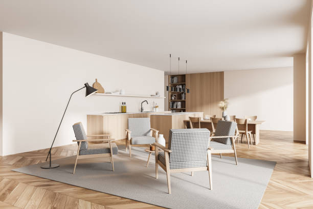 istock Wooden kitchen interior, armchairs and dining table 1319852948