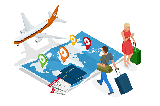 Isometric Business travel and tourism concept. Air tickets or boarding pass, passports on world map. Buying or booking online tickets