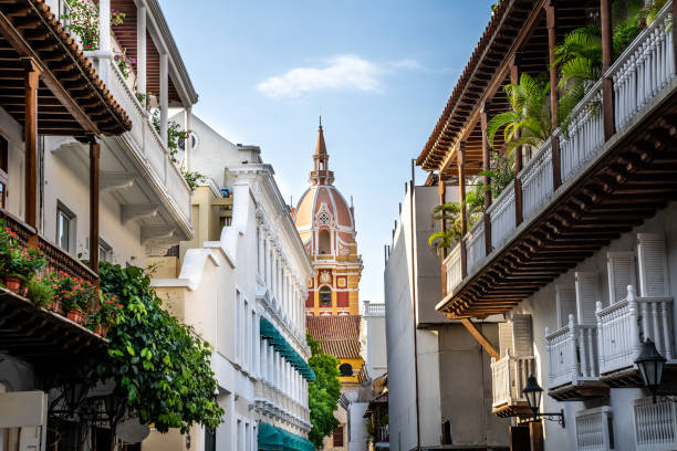 View of balconies leading to the stunning cathedral in Cartagena, Colombia
