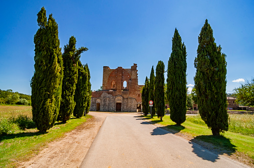 The ruins of San Galgano Abbey in Tuscany, Italy
