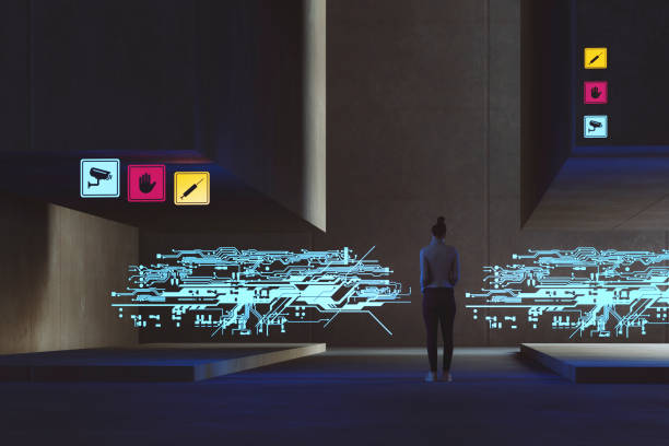istock Urban digital barrier with woman standing at checkpoint 1319855848