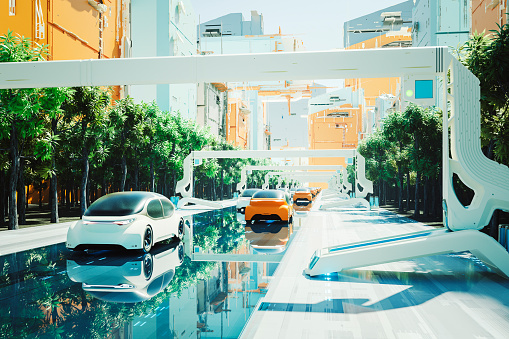 Futuristic green city with generic autonomous electric cars. Vehicle is a custom modeled and not based on any real or conceptual model/brand. 3D generated image.