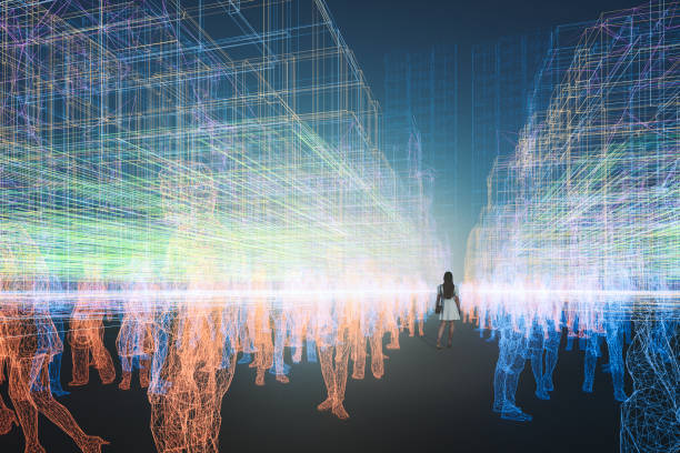 istock Lonely woman walking in VR city 1319855949