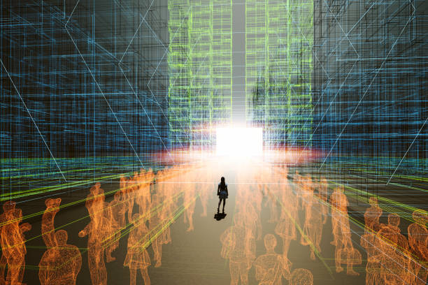 istock Lonely woman walking in VR city 1319855954