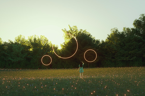 Mysterious glowing rings with woman standing. Entirely 3D generated image.