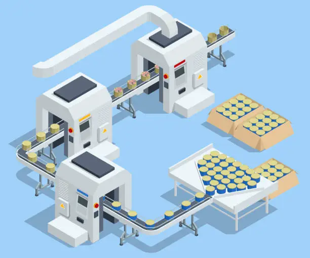 Vector illustration of Isometric Fishing production concept. Tin cans with fish on the conveyor. Production of canned fish.