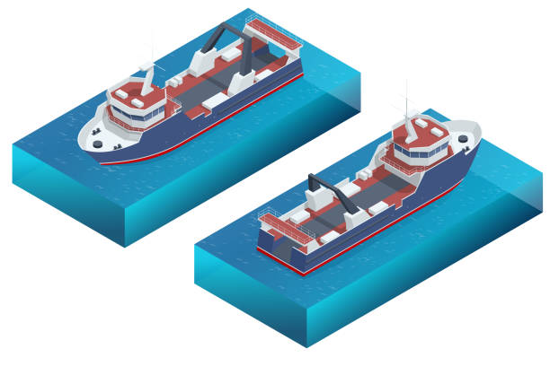 illustrazioni stock, clip art, cartoni animati e icone di tendenza di peschereccio isometrico. trasporto marittimo o oceanico, nave marina per la produzione industriale di frutti di mare. peschereccio con reti a strascico. peschereccio - lake coastline blue nautical vessel