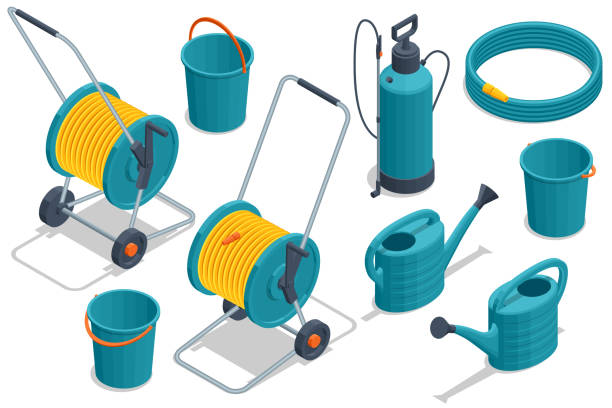 Isometric set of garden tools. Hose, sprayer, bucket, watering, isolated on white background. Isometric set of garden tools. Hose, sprayer, bucket, watering, isolated on white background watering pail stock illustrations