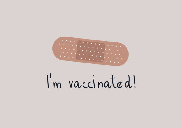 I'm vaccinated, an emblem with an adhesive band-aid, coronavirus spread prevention I'm vaccinated, an emblem with an adhesive band-aid, coronavirus spread prevention adhesive bandage stock illustrations