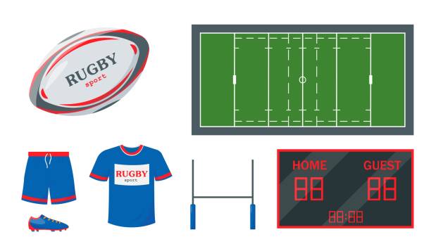Rugby equipment set for sport match. Rugby equipment set. Ball, gate, clothing, scoreboard and court for playing rugby. Elements and accessories for sport match. Flat vector icons isolated on white background. rugby stock illustrations