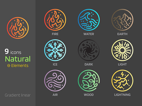 Natural symbol concepts gradient linear style icon. Earth,water,wind,fire 4 elements sign. Mono line design in circle shape