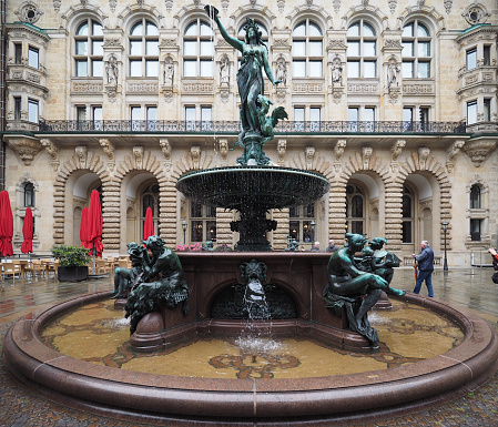 Hamburg, Germany - Circa May 2017: Hygeieia Fountain at Hamburg Rathaus (city hall)