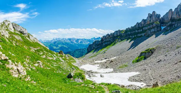 Alpine landscape.
View south-easterly over the Kleinwalsertal to the Allgau Alps in the background; on the right-hand the cliffs of the mountain Hoher Ifen