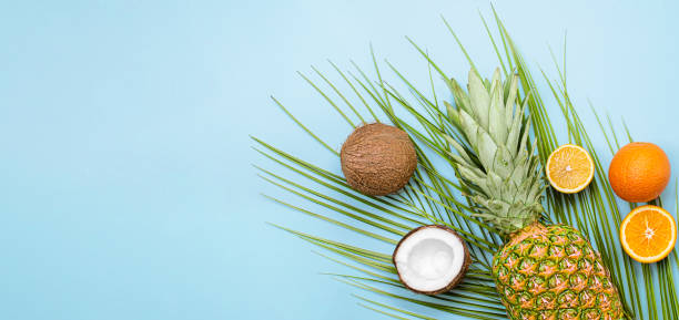 istock pineapple, orange, coconut and palm branch 1319863972