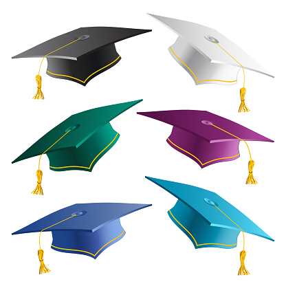 Graduate student caps collection in different colors. Set of 3D realistic graduation hats isolated on white background. Vector square symbol education uniform.