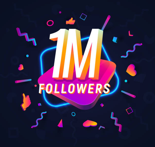 ilustrações de stock, clip art, desenhos animados e ícones de 1m followers celebration in social media vector web banner on dark background. one million follows 3d isolated design elements - banner anniversary vector button