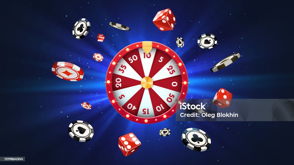 Vector 3d fortune wheel with golden flying coins on blue abstract background. Spin casino roulette and win prizes Vector 3d fortune wheel with golden flying coins on blue abstract background. Spin casino roulette and win prizes. Slot Machine stock vector