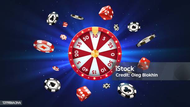 Vector 3d Fortune Wheel With Golden Flying Coins On Blue Abstract Background Spin Casino Roulette And Win Prizes Stock Illustration - Download Image Now