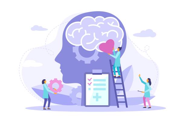 Mental health medical treatment. Mental health medical treatment. Mentality healthcare and medical therapies prevention mental problem concept. Support, help with mental problem. Vector flat illustration for banner, poster, landing doctor head stock illustrations