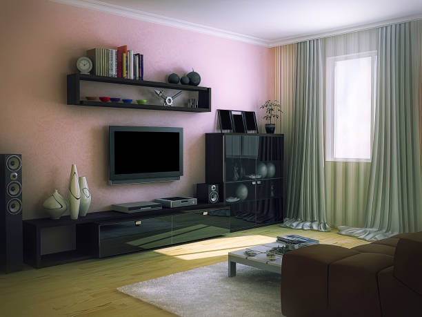 3d render of the interior design of the living room in a modern style. Interior 3d illustration with wall tv system 3d render of the interior design of the living room in a modern style. Interior 3d illustration with wall tv system in black color. Design concept for inspiration and example for your interior. home cinema system stock pictures, royalty-free photos & images