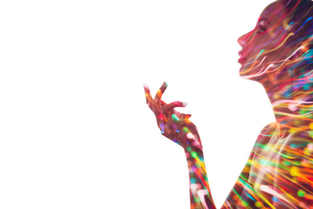 Double exposure silhouette. Fashion beauty. Makeup art. Blur colorful neon light splash in profile portrait of woman presenting invisible product with hand isolated on white copy space background.