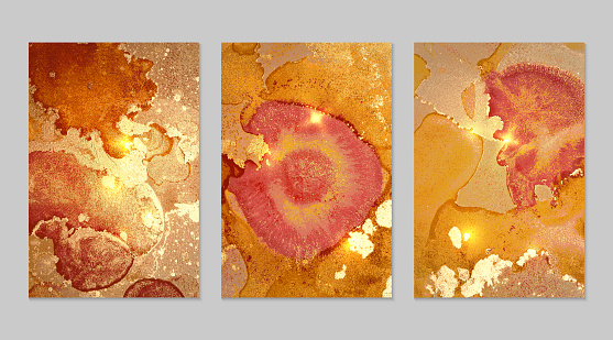 Set of marble patterns. Orange and gold geode textures with glitter. Abstract vector background in alcohol ink technique. Modern paint with sparkles. Backdrops for banner, poster. Fluid art