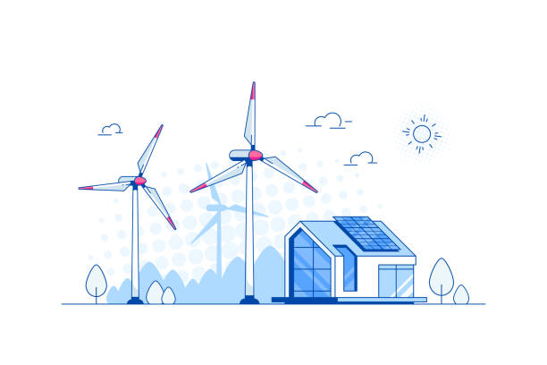 nowoczesny dom z panelami słonecznymi i turbinami wiatrowymi. - solar flat panel stock illustrations