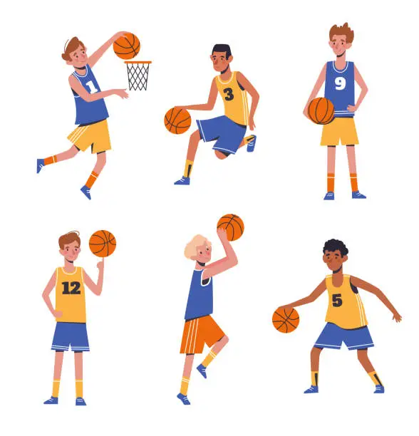 Vector illustration of Children's sports basketball. Flat design concept with funny kids playing ball. Vector illustration of boys, set isolated on white background.