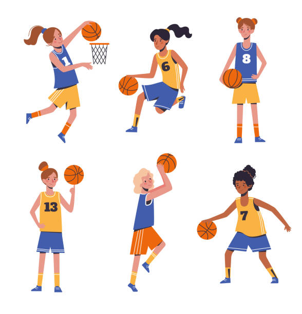 ilustrações, clipart, desenhos animados e ícones de basquete esportivo infantil. conceito de design plano com crianças engraçadas jogando bola. ilustração vetorial de meninas, situada isolada em fundo branco. - sports uniform blue team event sports activity