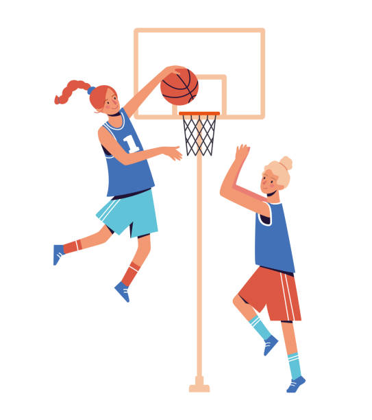 ilustrações, clipart, desenhos animados e ícones de garotas jogam basquete. conceito de design plano com mulheres que vão para esportes, jogar bola, martelar a bola na cesta. ilustração vetorial. - sports uniform blue team event sports activity