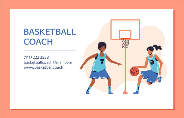 Basketball coach business card design. Flat design concept with girls playing ball. isolated on peach background. Vector. Basketball coach business card design. Flat design concept with girls playing ball. isolated on peach background. Vector. basketball practice stock illustrations