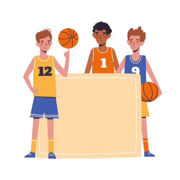 baner z młodymi koszykarzami. płaska koncepcja projektowa z zabawnymi dziećmi grającymi w piłkę. wektor ilustracji chłopców, na białym backgroun - child basketball uniform sports uniform stock illustrations