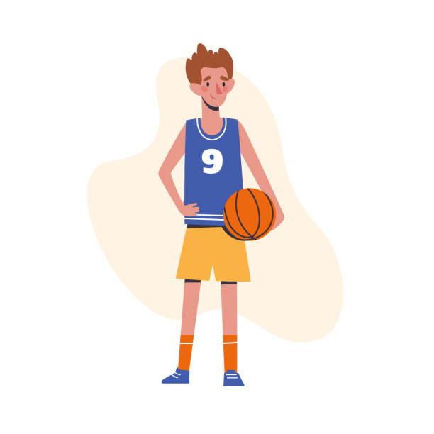 kleiner junge, basketballspieler. flaches designkonzept mit niedlichem kind mit basketballball. vektor-illustration isoliert auf weißem hintergrund - sports uniform blue team event sports activity stock-grafiken, -clipart, -cartoons und -symbole