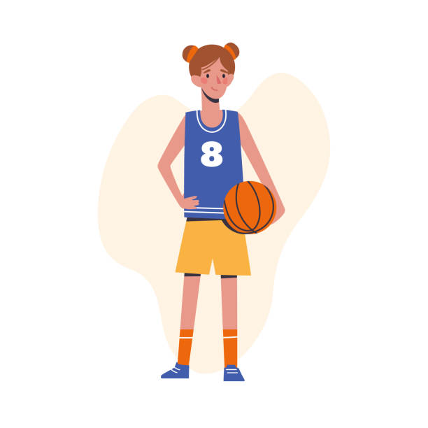 płaska koncepcja projektowa z uroczym dzieckiem z piłką do koszykówki. dziewczynka, koszykarz. ilustracja wektorowa izolowana na białym tle. - sports uniform blue team event sports activity stock illustrations