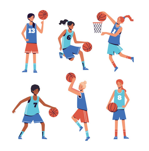 dziewczyny grają w koszykówkę. płaska koncepcja projektowa z kobietami, które uprawiają sport, grają w piłkę. ilustracja wektorowa ustawiona na białym tle. - sports uniform blue team event sports activity stock illustrations