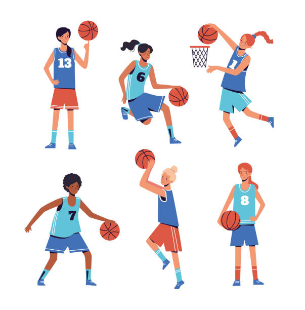 ilustrações, clipart, desenhos animados e ícones de garotas jogam basquete. conceito de design plano com mulheres que vão para esportes, jogar bola. ilustração do vetor em um fundo branco. - sports uniform blue team event sports activity