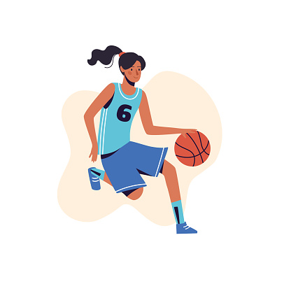 Illustration in a flat style with a girl kicking a ball. The woman plays basketball. Vector illustration isolated on white background.