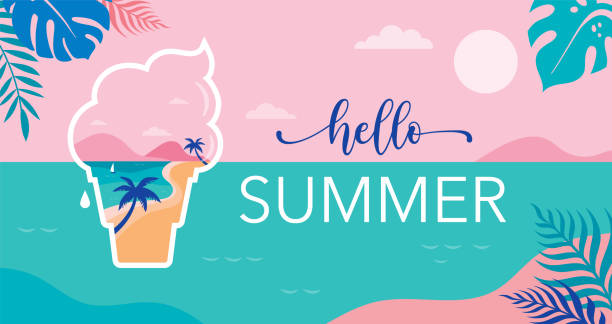 여름 시간 재미 컨셉 디자인. 풍경의 창조적 인 배경, 아이스크림에 바다와 해변의 파노라마. 여름 세일, 포스트 템플릿 - relaxation vacations heat sunglasses stock illustrations