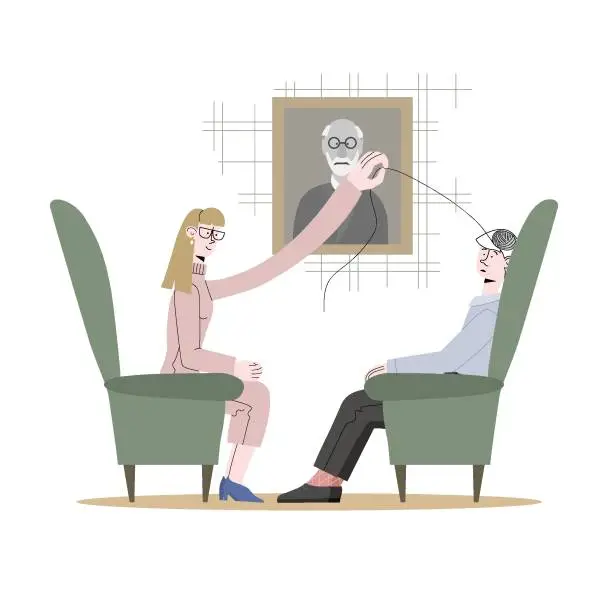 Vector illustration of Patient made an appointment with the therapist. Psychologist is helping to untangle a troublesome thoughts. Flat vector illustration