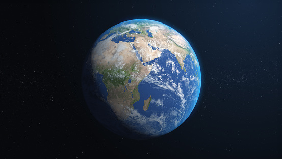 Tierra azul 3D en el espacio. planeta, galaxia, estrellas, cosmos, mar, tierra, puesta de sol, globo terráqueo. photo
