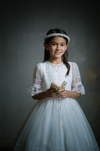 Girls in lace dresses playing in decorated room. Family weekend, beauty day, having fun, love concept.